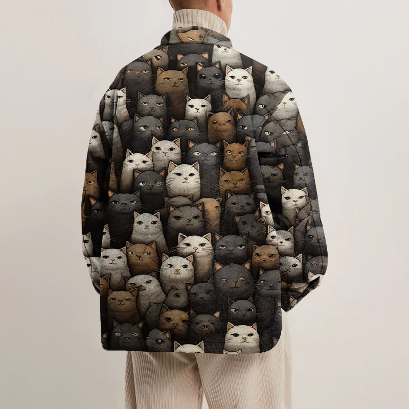 Cat Print Lapel Button Jacket