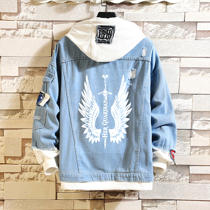 Couple's Wings Print Hooded Denim Jacket