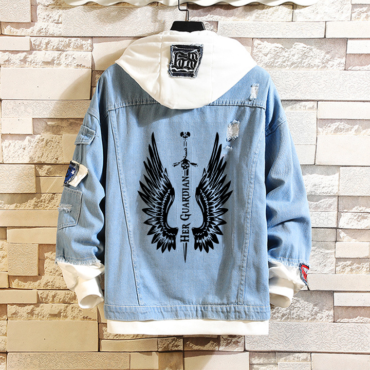 Couple's Wings Print Hooded Denim Jacket