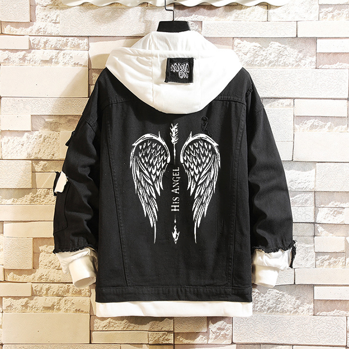 Couple's Wings Print Hooded Denim Jacket