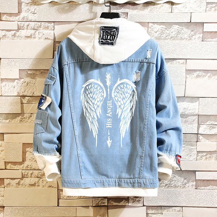 Couple's Wings Print Hooded Denim Jacket