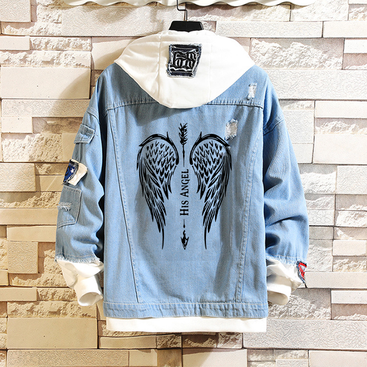 Couple's Wings Print Hooded Denim Jacket