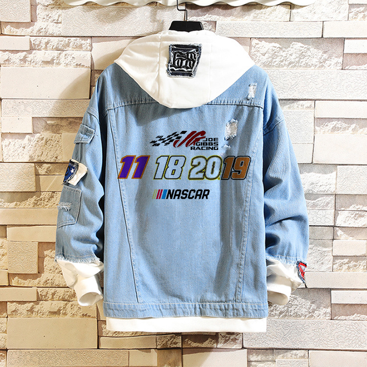 Nascar Print Hooded Patchwork Denim Jacket