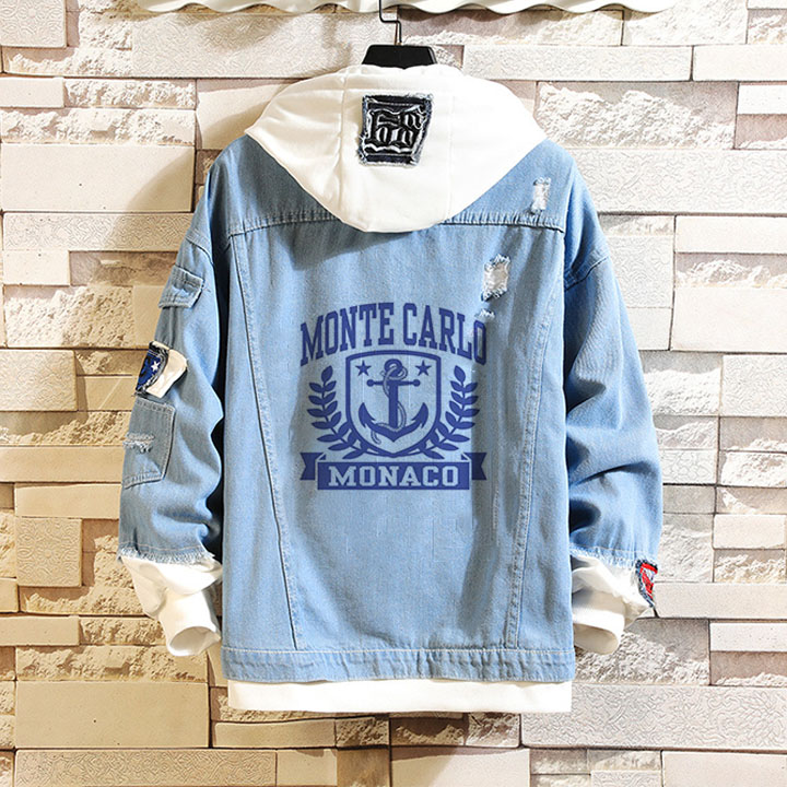 Sports Club Printed Hooded Paneled Denim Jacket