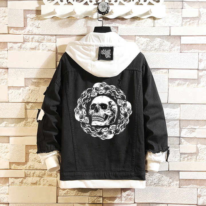 Skull Print Hooded Paneled Denim Jacket