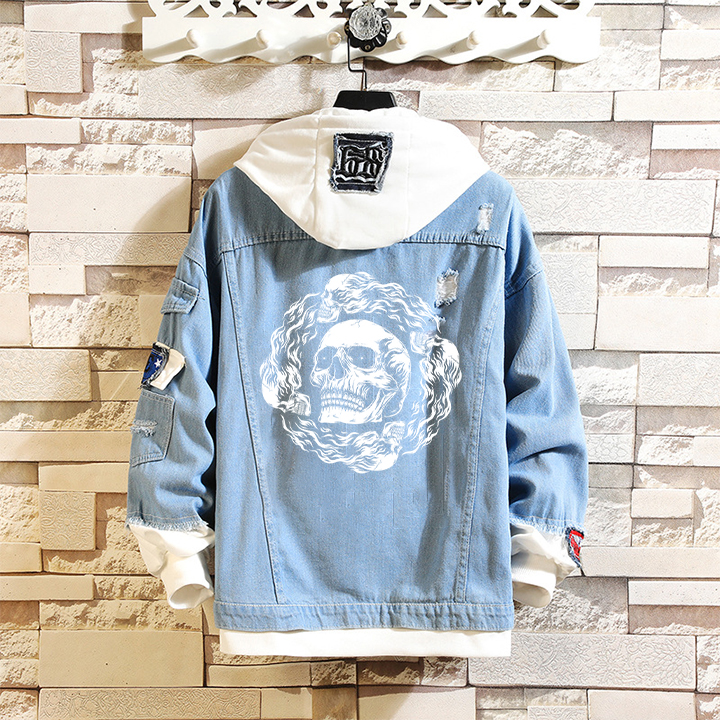 Skull Print Hooded Paneled Denim Jacket