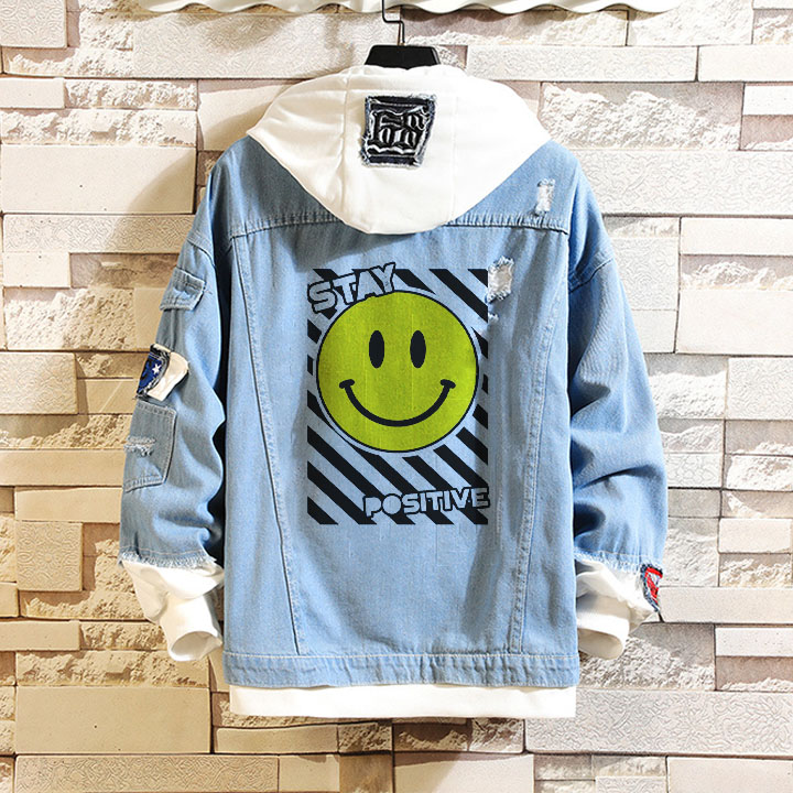 Smiley Letter Print Denim Hooded Jacket