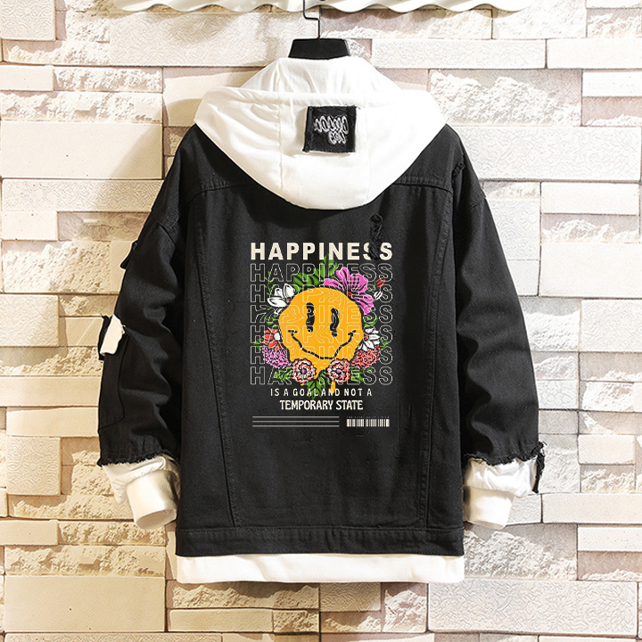 Smiley Letter Print Denim Hooded Jacket