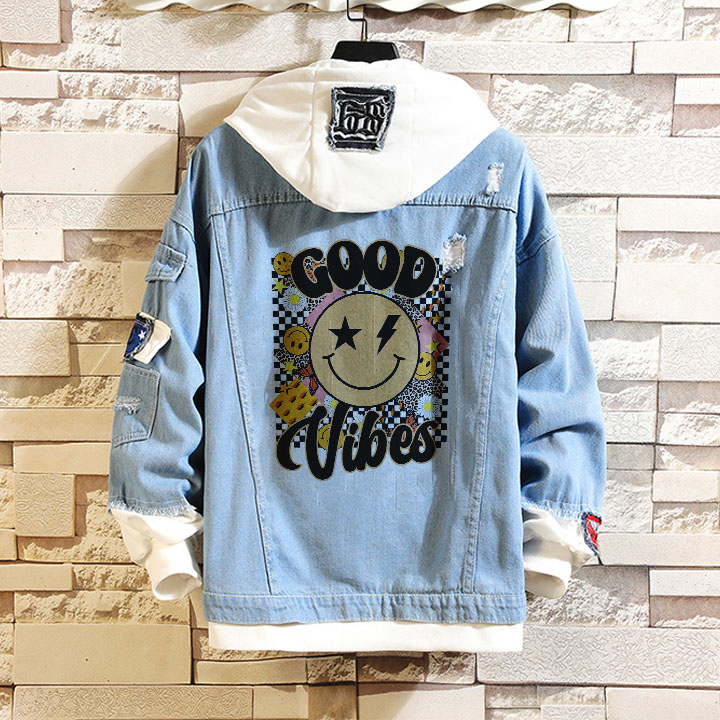 Smiley Letter Print Denim Hooded Jacket