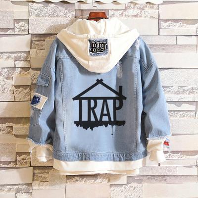 Trap House Hooded Fake Two-piece Denim Jacket