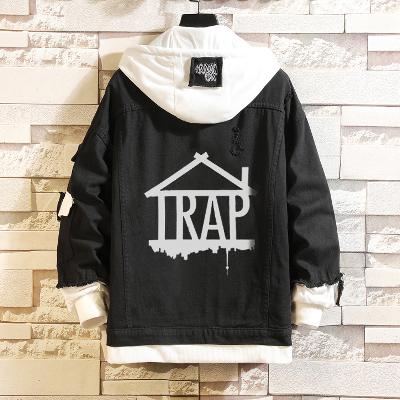 Trap House Hooded Fake Two-piece Denim Jacket