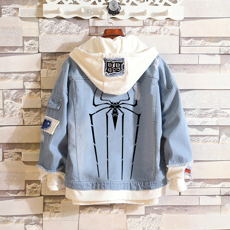 Spider Print Hooded Patchwork Denim Jacket