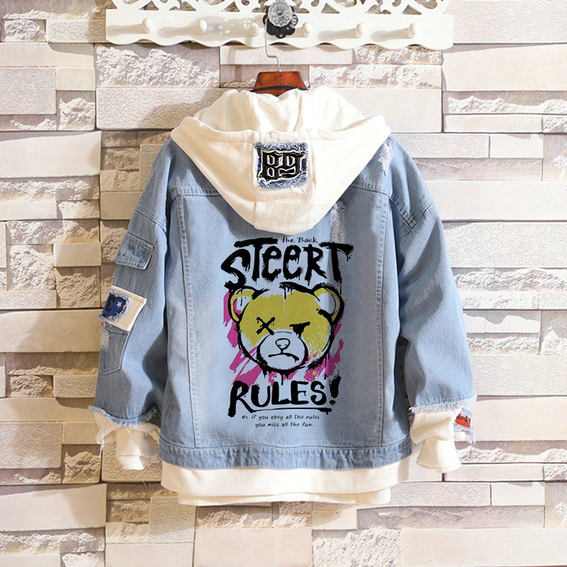 Street Bear Print Hooded Patchwork Denim Jacket