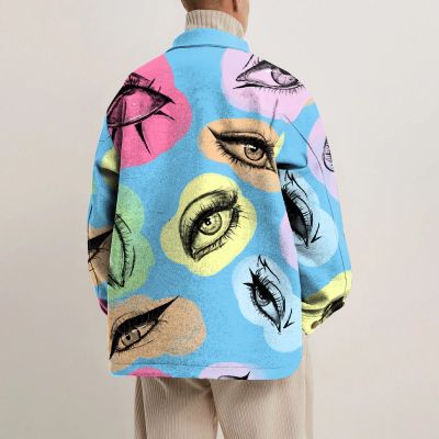 Colorful Eye Print Lapel Button Jacket
