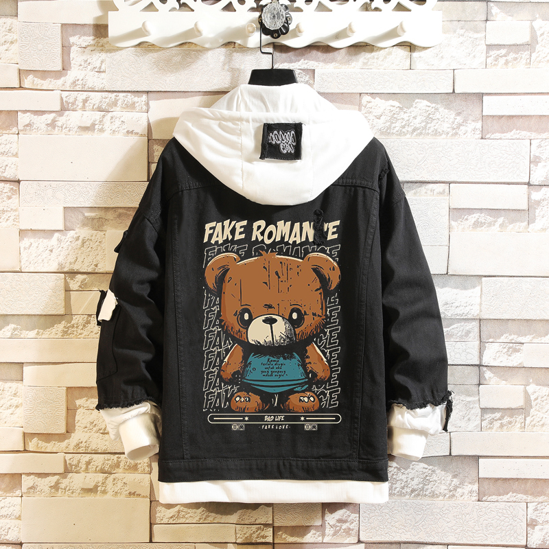 Bear Print Hooded Denim Jacket