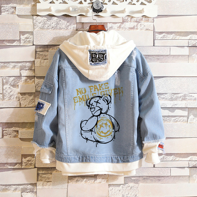 Bear Print Hooded Denim Jacket