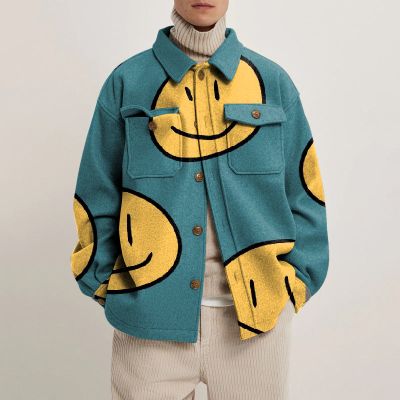 Smiley Emoticon Printed Lapel Button Down Jacket