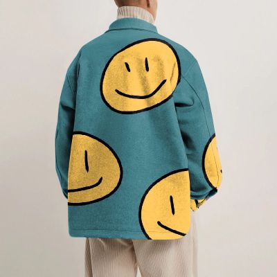 Smiley Emoticon Printed Lapel Button Down Jacket