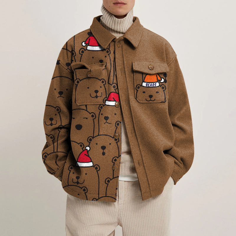 Bear Wearing Christmas Hat Printed Lapel Button Jacket