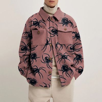 Black Spider Print Lapel Button Jacket