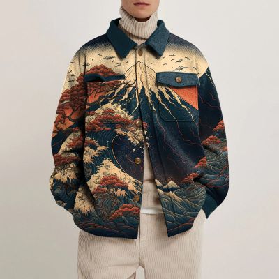 Japanese Wave Mountain Retro Print Lapel Button Jacket