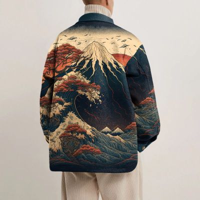 Japanese Wave Mountain Retro Print Lapel Button Jacket