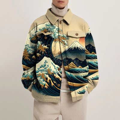 Japanese Wave Mountain Wave Print Lapel Button Down Jacket