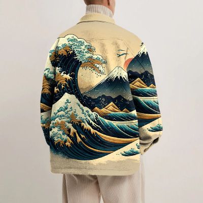 Japanese Wave Mountain Wave Print Lapel Button Down Jacket