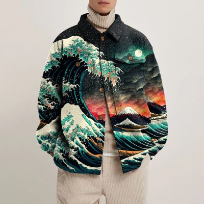 Night Starry Sky Wave Print Lapel Button Jacket