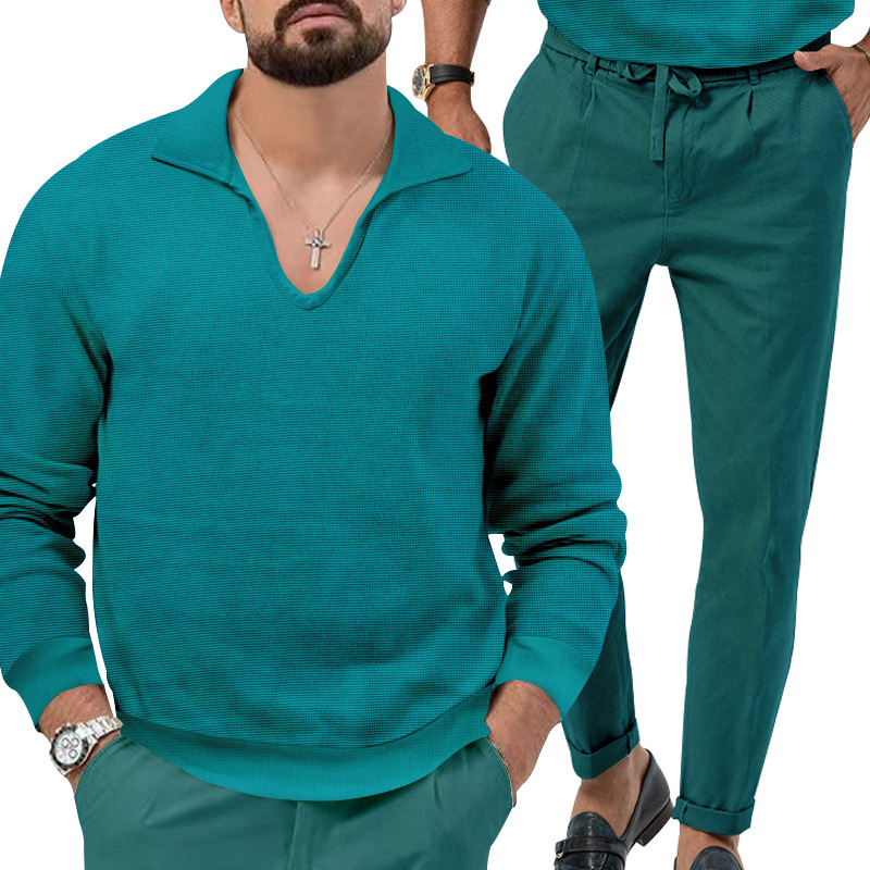 ⏳Time-Limited Special⏰Men’s Casual Waffle Shirt Pants 2-Piece Set main image 1