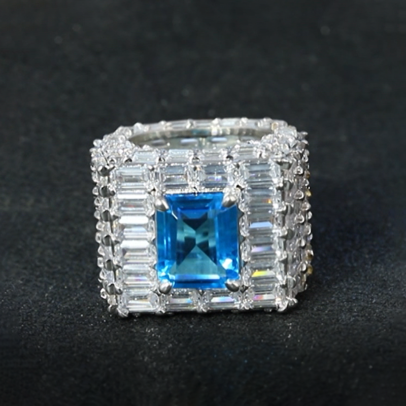 14 CT All Emerald Cut Blue Center Stone Ring