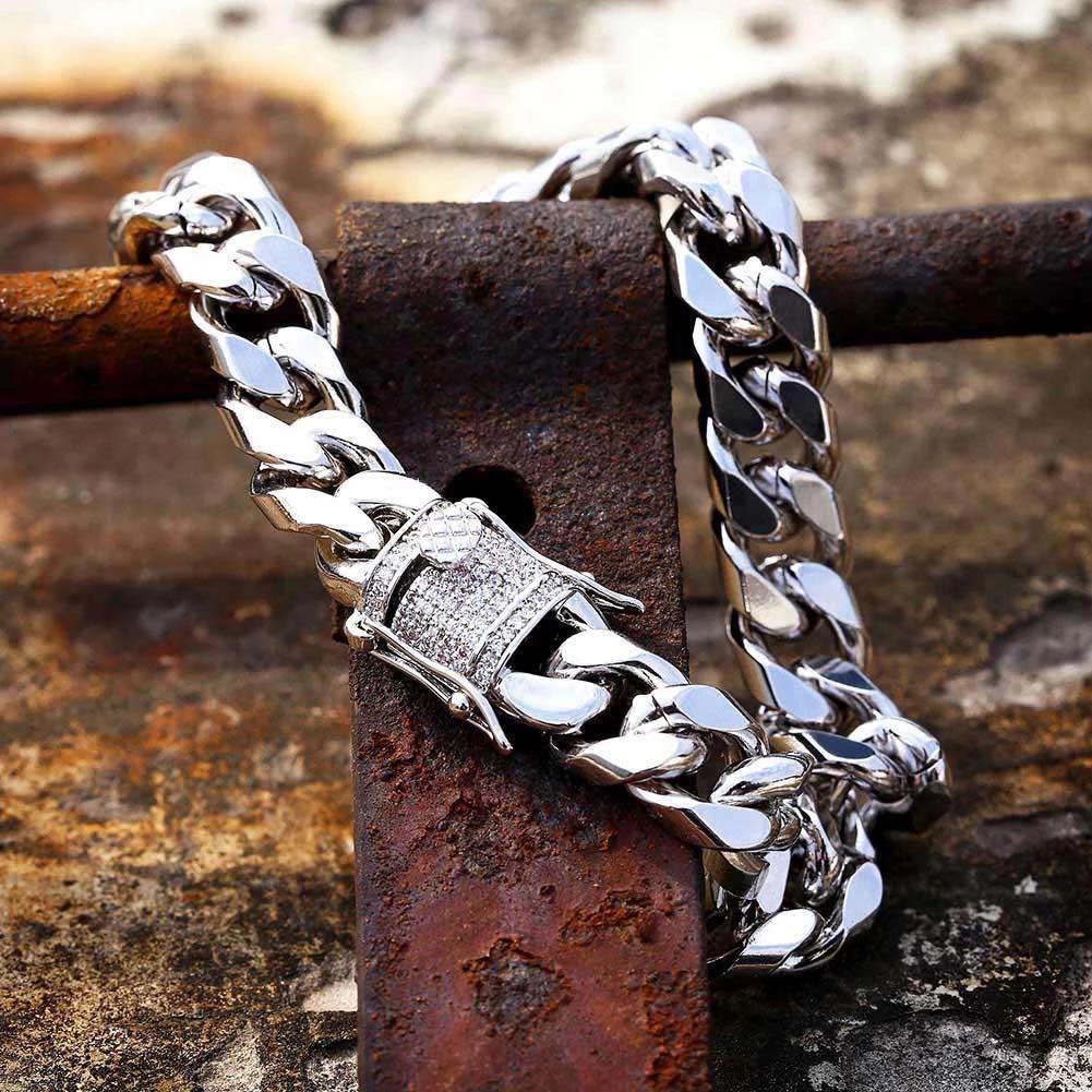 10mm Stainless Steel Miami Cuban Bracelet with Iced Clasp