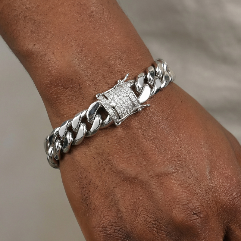 10mm Stainless Steel Miami Cuban Bracelet with Iced Clasp 10mm Stainless Steel Miami Cuban Bracelet with Iced Clasp