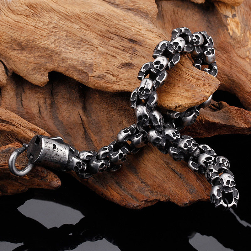 Vintage Black Titanium Steel Clustered Skull Bracelet