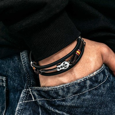 Men's Leather Braid Bracelet with Stainless Steel Guitar