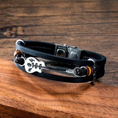 Men's Leather Braid Bracelet with Stainless Steel Guitar