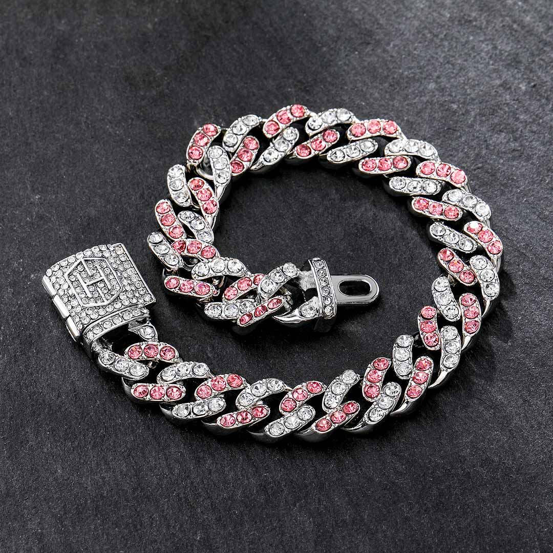 11mm White&Pink Stones Cuban Link Bracelet