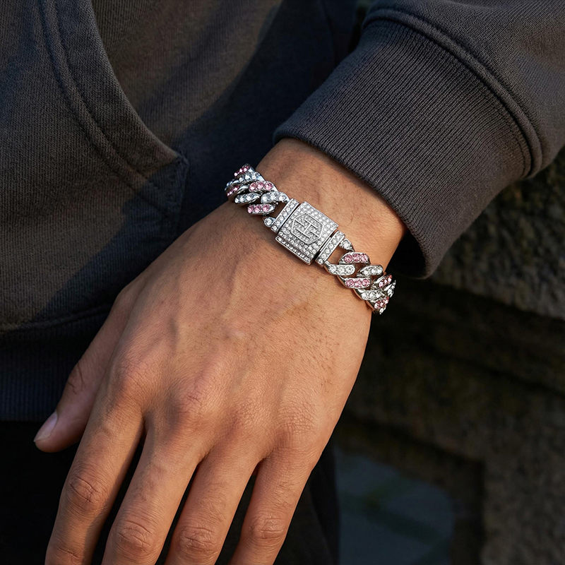 11mm White&Pink Stones Cuban Link Bracelet