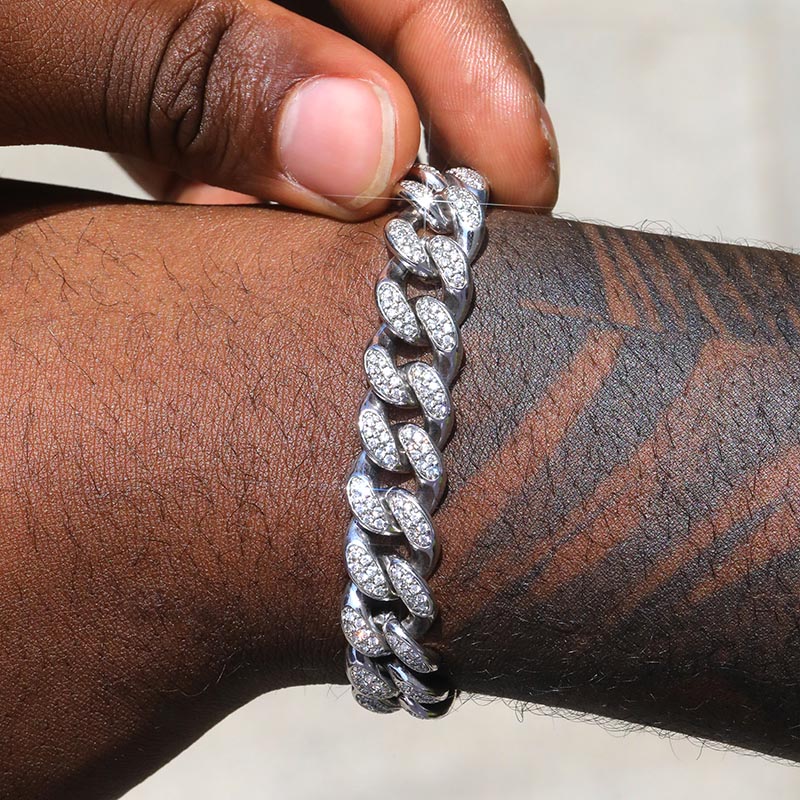 12mm Iced Miami Cuban Bracelet in White Gold