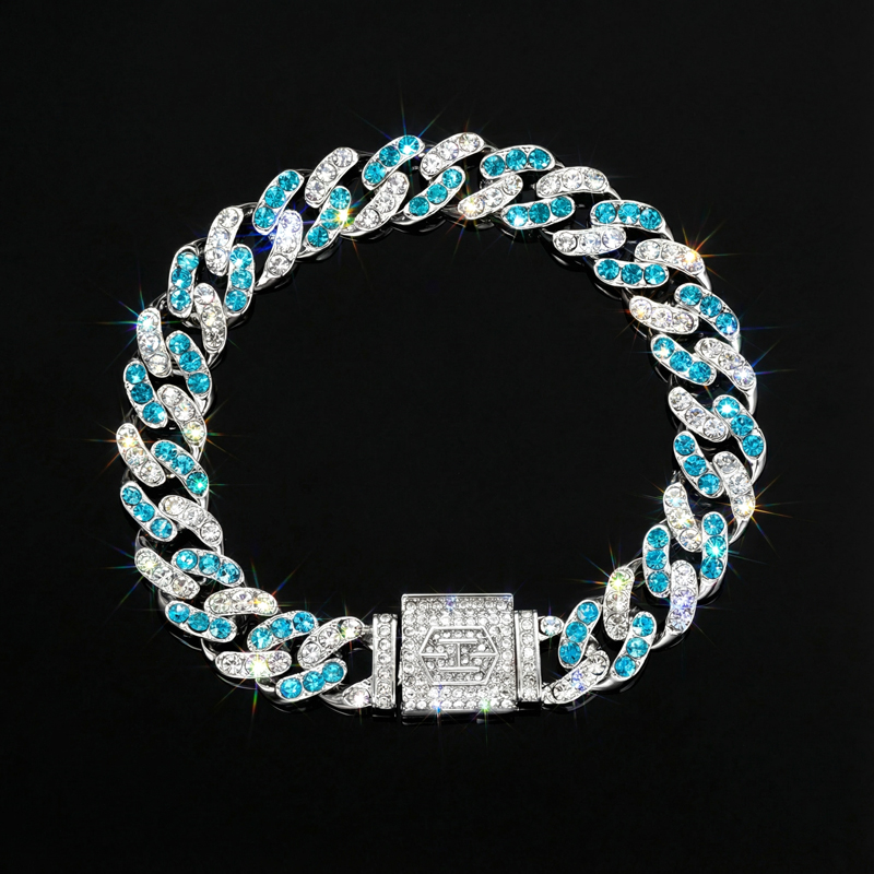 11mm Blue & White Stones Cuban Bracelet in White Gold