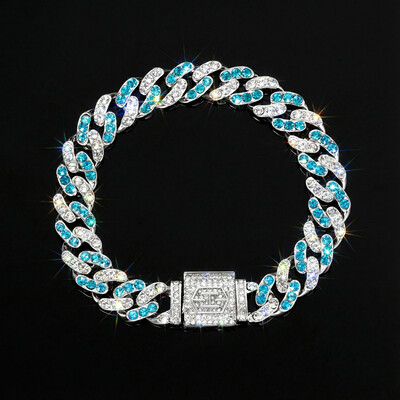 11mm Blue & White Stones Cuban Bracelet in White Gold