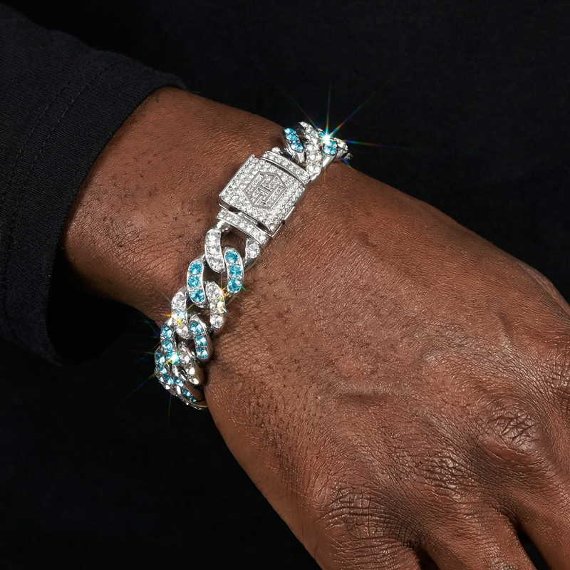 11mm Blue & White Stones Cuban Bracelet in White Gold