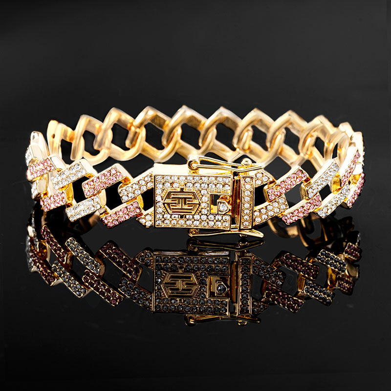 Iced 14mm White & Pink Prong Cuban Bracelet in Gold