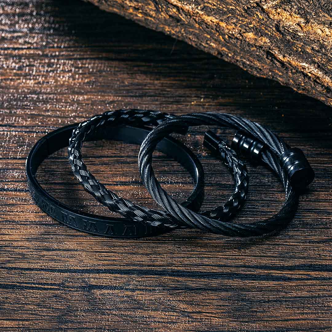 3Pcs Braid Steel Wire Open Bracelet with Roman Numbers Bracelet Set