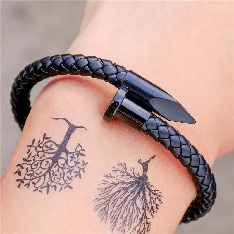 Leather and Titanium Steel Nail Open Bracelet