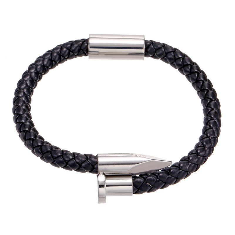 Leather and Titanium Steel Nail Open Bracelet