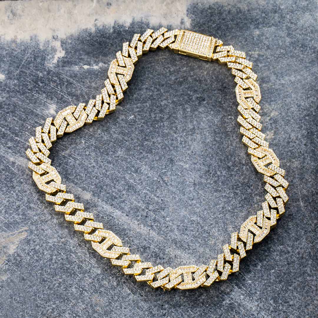 14mm Baguette G-link Cuban Chain in Gold