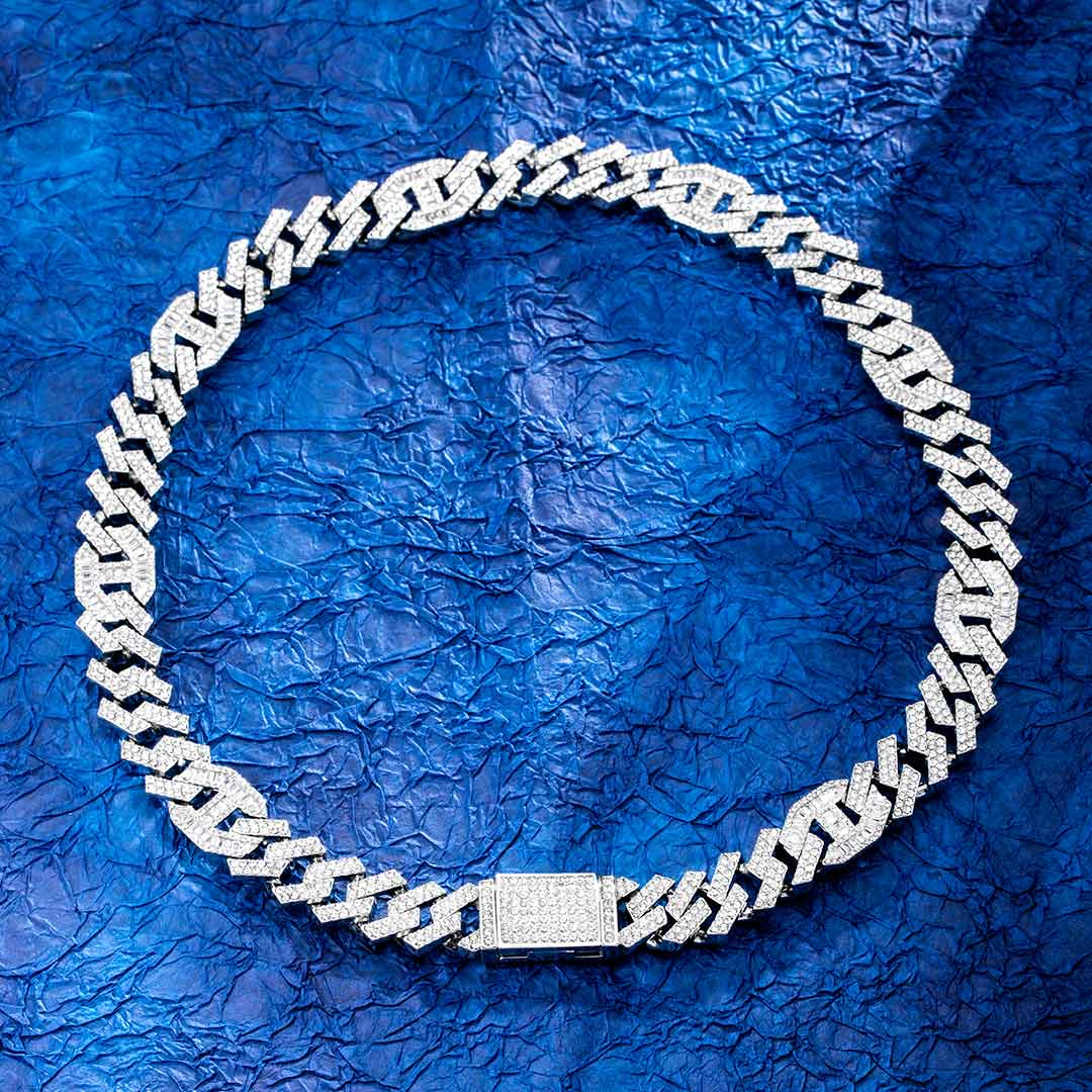 14mm Baguette G-link Cuban Chain in White Gold
