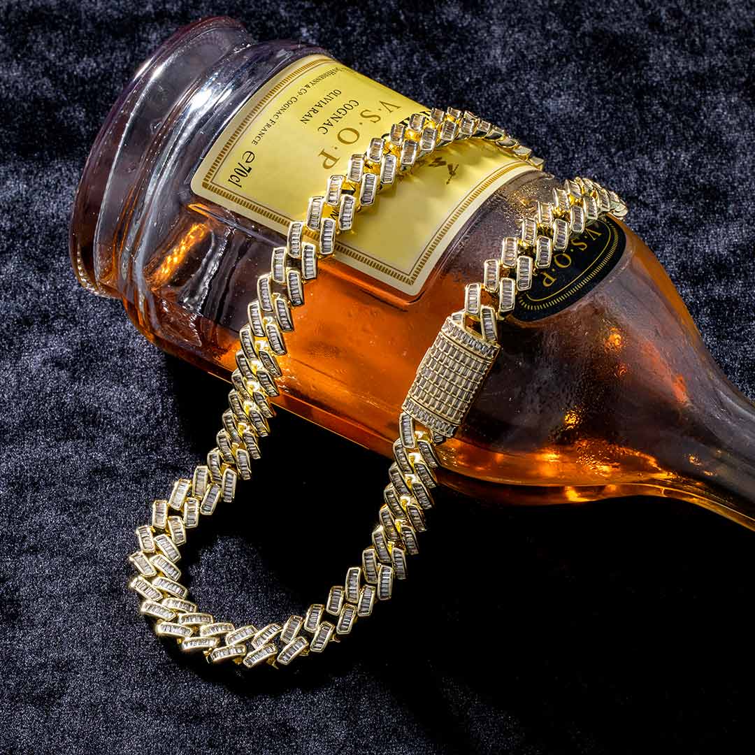 14mm Prong Baguette Cut Box Clasp Cuban Chain in Gold