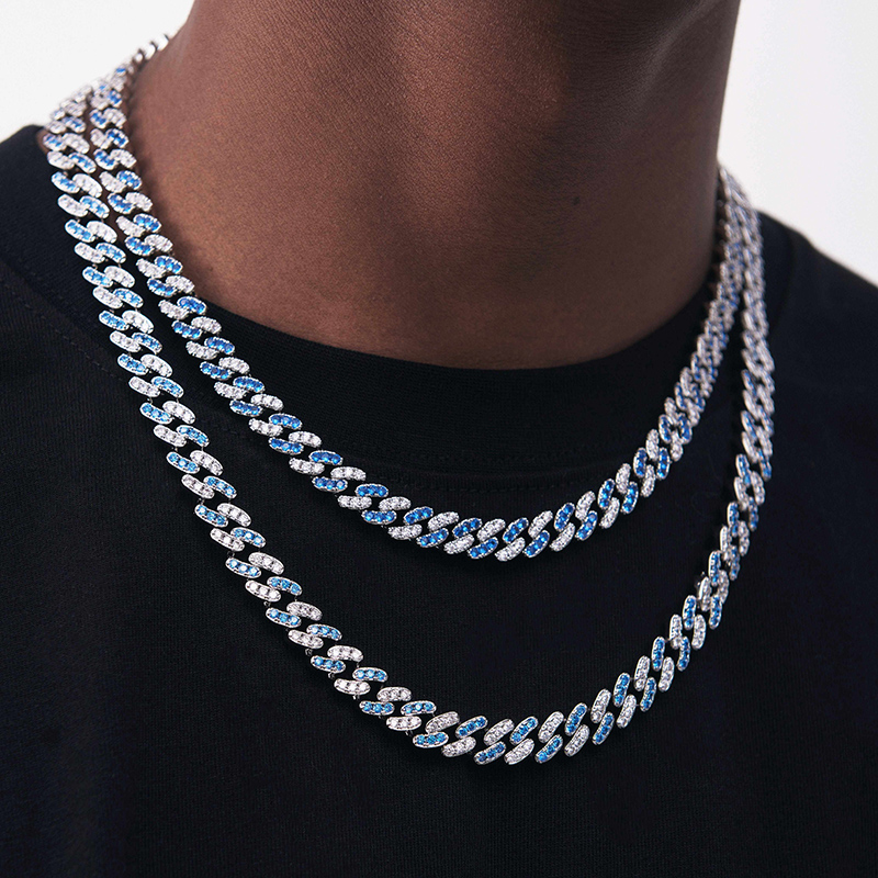8mm Blue&White Iced Cuban Link Chain in White Gold